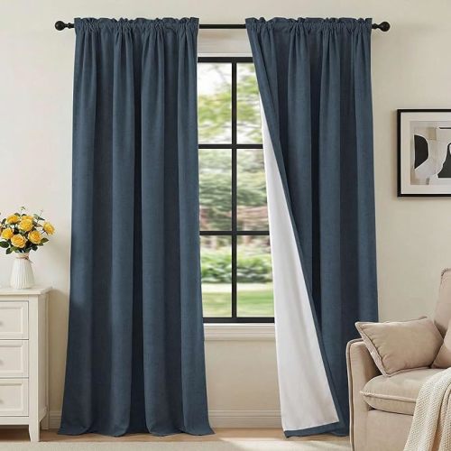 Linen Look 100% Blackout Curtains 84 Inches Long for Bedroom Full Light Blocking Rod Pocket Linen Textured Thick Window Curtain Drapes with White Backing, Navy, 2 Panels