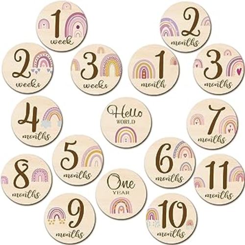 Tiamon 16 Pieces Wooden Baby Monthly Milestone Cards Monthly Milestone Marker Discs Double Sided Wooden Circles Months Signs for Baby Shower Newborn Photo Props(Rainbow)
