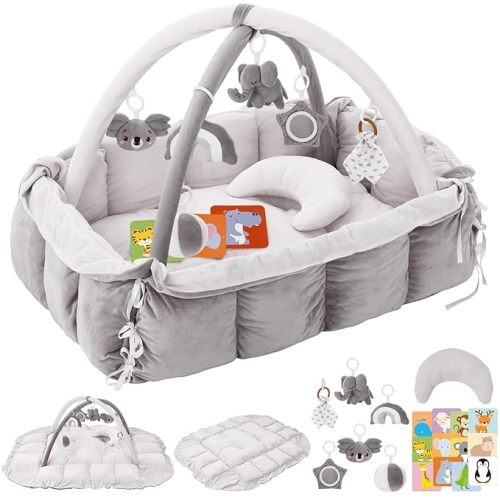 5-in-1 Plush Baby Play Gym & Activity Mat, Baby Play Mats, Baby Gym with Convertible Design, Tummy Time Mat with Pillow, 6 Sensory Toys for Newborn to Toddler, Grey