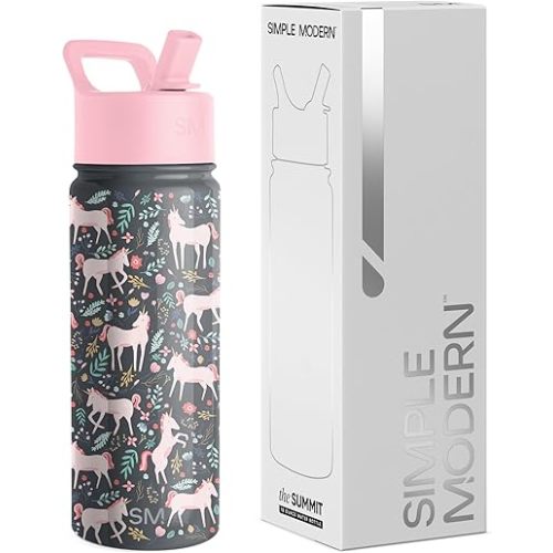 Simple Modern Kids Summit Water Bottle with Straw Lid | 18oz Stainless Steel Cup Insulated Tumbler for Toddlers, School | Unicorn Fields