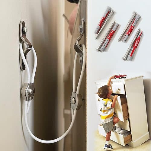 Baby Proofing Furniture Anchors (2 Pack), Anti-Tip Safety Straps Kit to Secure Dresser, Bookshelf, TV - Heavy Duty Metal Wall Anchors for Child Safety