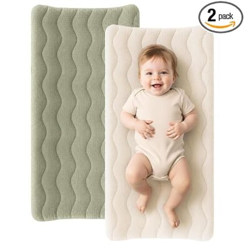 Konssy 2 Pack Quilted Muslin Changing Pad Cover, Waterproof Layer 32" x 16"