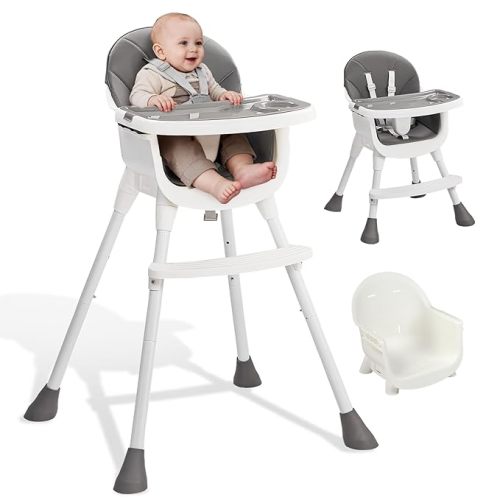 Ktaxon 3-in-1 Baby High Chair, Portable Adjustable Height Highchair with Removable Dual-Layer Tray, 5-Point Safety Harness and Footrest for Toddlers & Babies, Grey