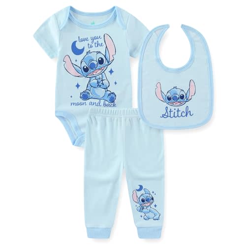 Disney Mickey Pooh Stitch Baby Boys Bodysuit with Bib and Pants 3 Pc Set