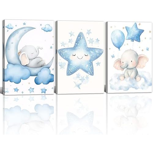 Nursery Wall Art Baby Boy Wall Decor Blue Elephant Moon and Stars Painting Prints Cute Animal Canvas Poster for Kids Room Decor Framed(Baby-2,11L x 14W x 3Pcs)