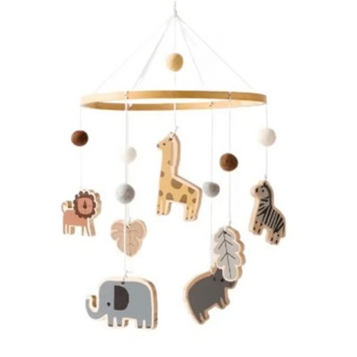 embe Nursery Hanging Mobile, Wooden Animal Safari