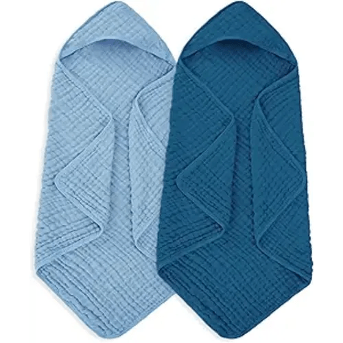 Muslin Baby Towels 100% Cotton ，Super Soft Muslin Baby Bath Towel - 32 x 32 Inches, Suitable for Newborn and Young Children up to 3 Years Old. (Light Blue & Dark Blue)
