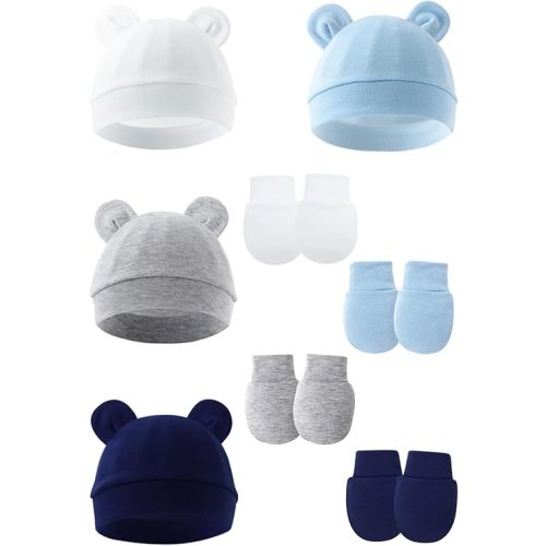 Cotton Baby Hats and Mittens Set Unisex, Toddler No Scratch Mittens and Beanie Cap Infant Newborn Hospital Hat