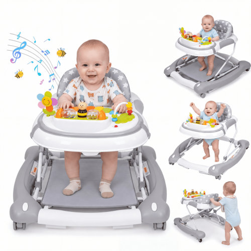 PRVAETU 5 in 1 Baby Walker for Boys Girls,Rocking,Push,Trampoline Bouncer,Foldable,Music & Light,Height Adjustable,Wheels for 6-18Months Infants,Grey