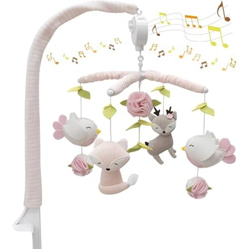 Living Textiles Baby Musical Mobile - Ava Birds | Crib Toy, Knitted Woodland Characters, Nursery Decor, Calming Soother with 12 Lullabies Essential and Perfect Toy for Boys Girls