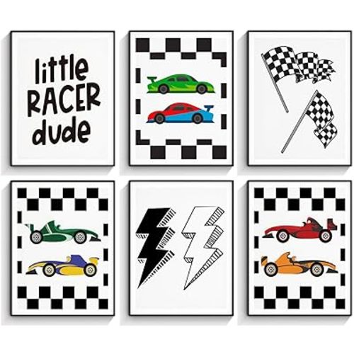 HDXUFJQ 6Pcs Race Car Room Wall Art for Boys Little Racer Dude Posters Prints Race Car Canvas Wall Decor Car Room Decor For Boys Car Pictures Wall Decor for Boy Bedroom Decor Unframed(12"x16")