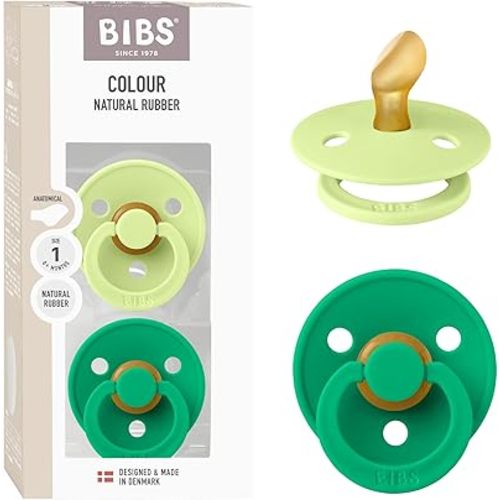 BIBS Colour Anatomical Soother 2-Pack, BPA Free Dummy Pacifier, Orthodontic Nipple. Natural Rubber Latex, Made in Denmark, Size 1 (0-6 Months), Matcha/Cactus