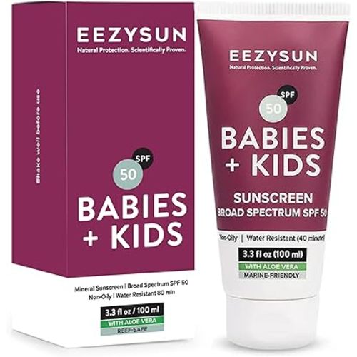 SPF 50 Mineral Sunscreen for Kids & Babies - Non-Greasy, Water Resistant, Gentle for Sensitive Skin Baby Sunscreen with Aloe Vera - Cruelty-Free - Sun Protection for Face & Body - 3.3 fl oz