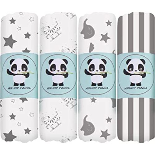 Bamboo Muslin Baby Swaddle Blanket - Hypoallergenic Soft Silky Newborn Swaddle Wrap, Neutral Receiving Blanket for Boy and Girl, Set of 4- Zebra, Star, Stripe, Elephant - Grey White