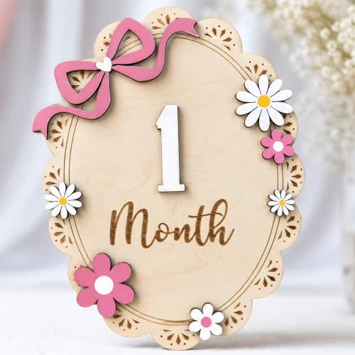 Monthly Milestone Signs for Baby Girl - Wooden Baby Milestone Signs 1-12 Months with Interchangeable Numbers, 8 Inch Double-Sided Photo Props, Pink Bow Floral Newborn Disc