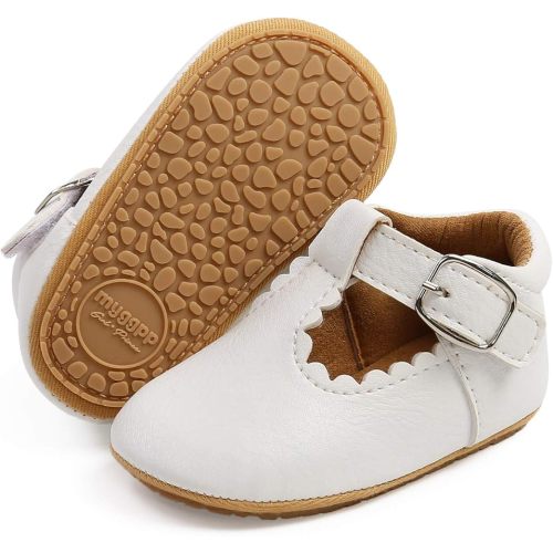 SOFMUO Baby Girl Mary Jane Flats Shoes Non Slip Soft Sole Infant Toddler First Walker Wedding Princess Dress Crib Shoes(A0/White,6-12 Months