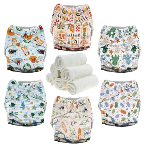 Mama Koala 3.0 Cloth Diapers for Babies with AWJ Lining, 6 Pack with 6 Natural Cloth Diaper Inserts - Reusable and Washable Pocket Diapers (in the Sea)