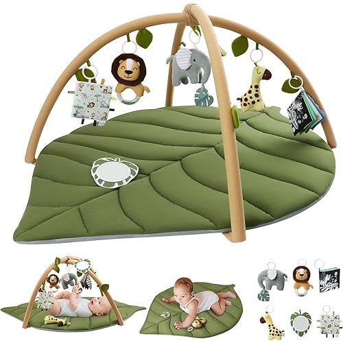 Blissful Diary Baby Play Gym & Activity Mat, Oversize Leaf Shaped Baby Play Mat w 6 Detachable Toys, Tummy Time Mat Promote Motor Skills & Sensory Development Mat