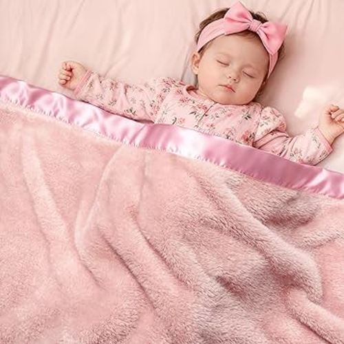 Pro Goleem Fleece Baby Blankets for Girls with 2 Inch Satin Trim, Super Soft Plush Receiving Blanket for Infant Toddler Newborn, Cozy 30x40 Inch Crib & Stroller Blanket (Pink)