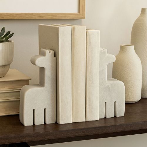 Decorative Marble Giraffee Bookends - Stylish Book Accessories for Home Library, Bookshelf, Office Spaces, or Desk Decoration - Set of 2, 7", White