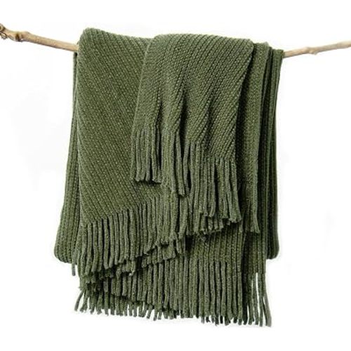 lifein Throw Blanket for Couch, Soft Green Boho Decor Bed Throw,Cozy Knitted Chenille Farmhouse Lightweight Throw(Olive Green,50 * 60")