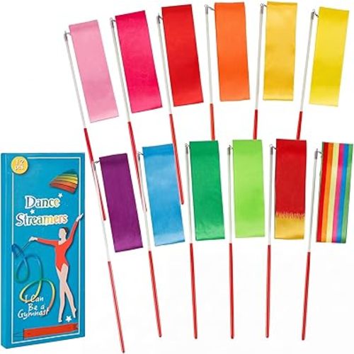 YGEOMER Ribbon Wands, 12pcs Rainbow Gymnastics Ribbons for Kids, Twirling Dance Sticks for Artistic Dancing, Talent Shows & Birthday Party Props