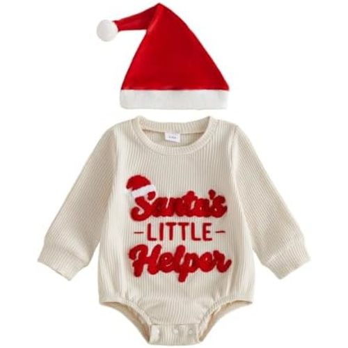Infant Baby Boy Christmas Outfit Santa Baby Waffle Romper With Hat