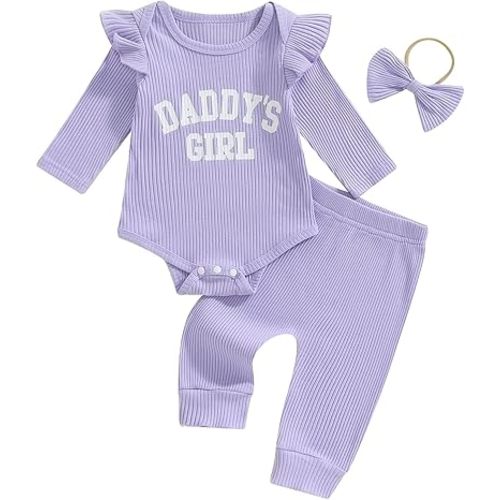 Tsnbre Newborn Baby Girl Outfits Daddys Girls Ruffle Long Sleeve Romper Top Pants Headband Infant Fall Winter Clothes