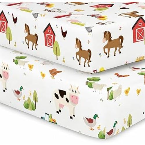 2 Pack Farm Animals Crib Sheets Neutral Newborn Nursery Farmhouse Standard Crib Fitted Sheet for Unisex Baby Girl or Boys (Crib, Farm Animals)