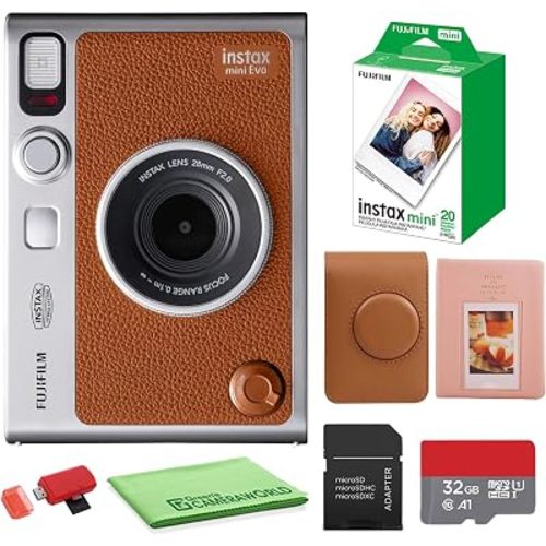 FUJIFILM INSTAX MINI EVO Hybrid Instant Camera (Brown) Bundle with Fuji Instax-Mini-Instant Film Value Pack (20 Sheets) + 32GB Memory Card + Carrying Case + Photo Album 64 Pockets + Cleaning Cloth