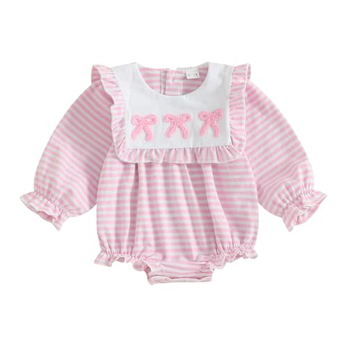 Seyurigaoka Valentine Baby Girl Outfit Heart Embroidery Long Sleeve Pink Romper Newborn Valentines day Bodysuit 0-18M