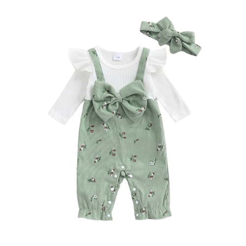 Loicainy Baby Toddler Girls Long Sleeve Jumpsuit 3 6 9 12 18 Months Floral Print Fake Two Pieces Patchwork Bow Romper and Cute Headband Set