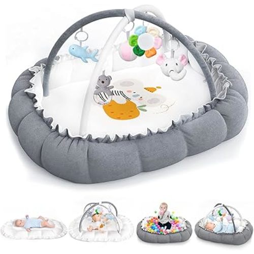 5-in-1 Convertible Baby Play Mat and Tummy Time Mat - Thick & Plush Baby Play Gym with 5 Sensory Toys,Baby Activity Center from Newborn to Toddler, Ball Pit (No Balls Included)，Pet Bed