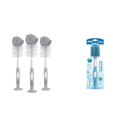 Dr. Brown's Reusable Sponge Baby Bottle Cleaning Brush, Gray, 3 Pack + Soft Touch No Scratch Baby Bottle Cleaning Brush, Blue, 1-Pack