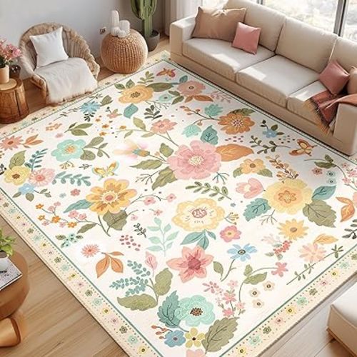 Floral 8x10 Area Rug Machine Washable Soft Print Boho Carpet Non Slip Doormat Low Pile Flower Area Rugs for Living Room Bedroom Nursery Kitchen Dining Room Indoor-Beige/White/Orange