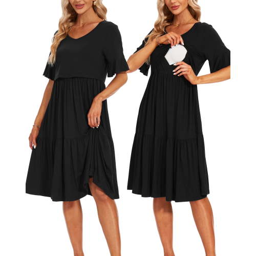 Women's Short Sleeve Ruffle Maternity Nursing Dresses for Breastfeeding