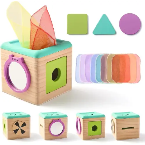 Promise Babe Wooden Baby Tissue Box Toy - Montessori Tissue Box Toy for Babies 12 Months with 3 Shape Blocks & 8 Silk Paper, Baby Boy Girl Gifts for Babies 12 18 Months Old Birthday Children Day