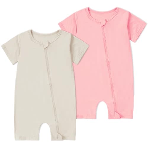 MICHLEY Baby Bamboo Viscose Short Sleeve Summer Romper 2 Pack, Unisex Newborn Zipper Bodysuit Toddler Clothes 0-24M
