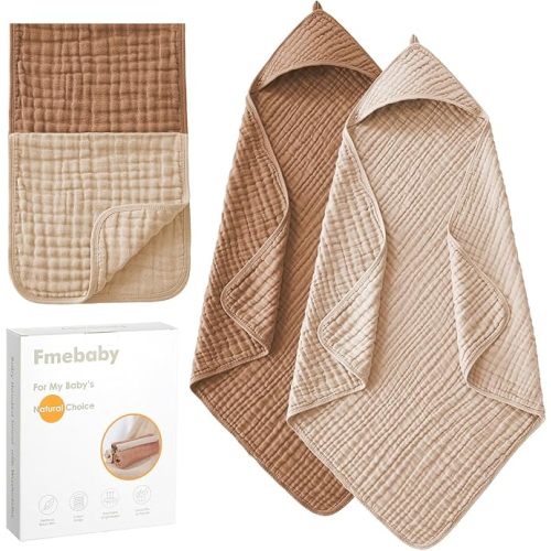 2 Pack Muslin Hooded Baby Bath Towels and 2 Pack WashCloth Set, 36x36 Inch Soft Cotton Bath Towel Baby Wipes Absorbent Bath Face Towels Burp Cloths Face Towels for Girl Boy(Coffee and Apricot)