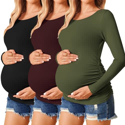 Ekouaer Womens Maternity Shirts Long Sleeve 3 Packs Pregnancy Tee Top Tunic Blouse Casual Mama Clothes S-XXL
