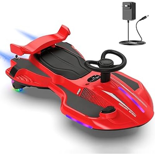12V Electric Wiggle Car with Pedal for Kids, Rechargeable 2 in 1 Swing Car, Drifting Ride On Toys with Backrest, Anti-Rollover, Spray, Flashing Light, Music, for Ages 3 and Up(Red-Black)