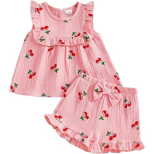 BemeyourBBs Summer Toddler Girl Clothes Baby Girl Ruffle Sleeveless Shirt with Buttons Bow Bloomers Shorts Set Cute Outfits