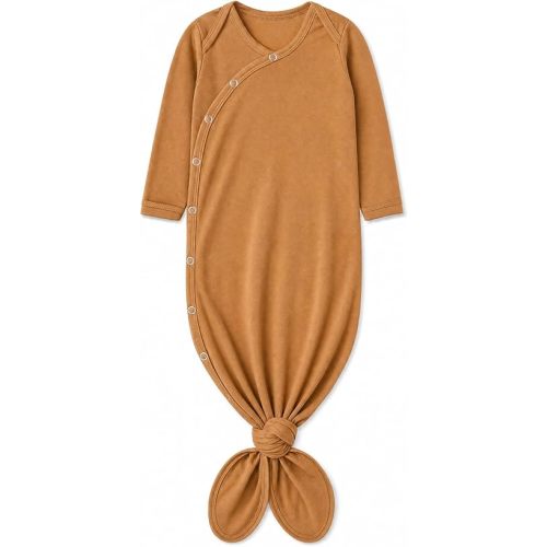 Copper Pearl Baby Gown - Knotted Newborn Sleepers for Baby Boy and Girl, Soft Stretchy Long Sleeve Infant Gowns with Bottom Tie and Hand Mittens, Perfect Hospital Coming Home Outfit (Camel)