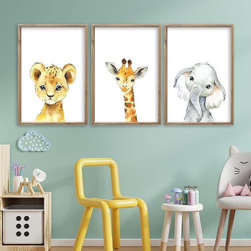 Baby Safari Nursery Wall Art Decor 24x16 Inch Set of 3 Wood Framed Cute Animal Giraffe Elephant Lion Prints Sign Kids Boys Girls Room Bedroom Jungle Animal Pictures Wall Hanging (Wood)