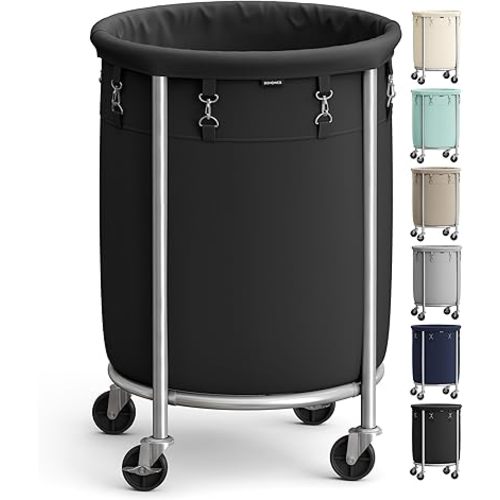 SONGMICS 29-Gallon (110 L) Laundry Basket with Wheels, Rolling Round Heavy-Duty Laundry Hamper Cart with Steel Frame and Removable Bag, 2 Locking Wheels, Ink Black and Metallic Silver URLS002B01