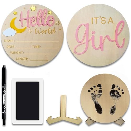 2Pcs Baby Announcement Sign Set, 5.9 Inch Hello World Newborn Sign and IT’S A Girl Welcome Signs, Baby Name Sign with Ink Pad for Hand & Footprints, 3D Wooden Birth Gifts for Hospital Shower Nursery