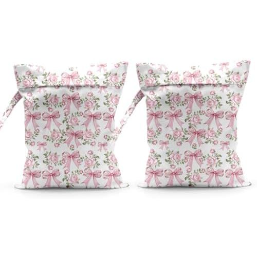 Waterproof Cloth Diaper Wet Dry Bag Reusable Travel Beach Pool Daycare Soiled Toddler Items Yoga Gym Bag for Swimsuits Wet Clothes Bags - 2pcs Pink Bow Themed Pattern