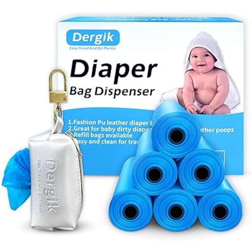 LEATHER Diaper Bag Dispenser | 105 Diaper Bags Disposable (7 Refills) for Baby and Toddler Poop or Dirty Clothes, Dirty Paper Towels | Portable Travel Essential and On the Go, Silver