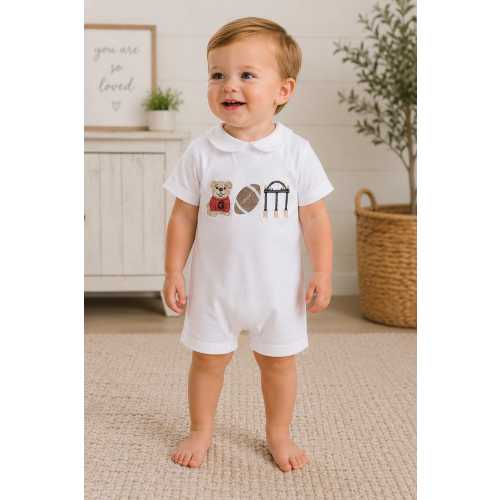 Embroidered Bulldog Peter Pan Romper | Boutique Baby Football Outfit | Red & Black Game Day