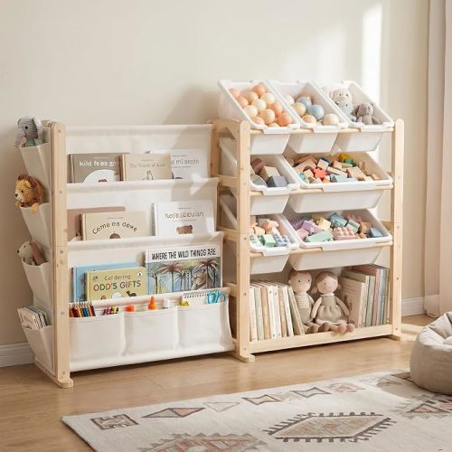 Fodoss Book Shelf for Kids Rooms - Toy Storage Organizer with Bookshelf, Solid Wood Kids Bookshelf with 7 Bins, Side Storage Pockets, Large Toy Organization for Nursery, Natural Pine